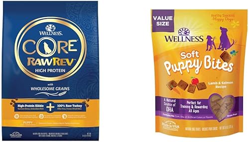 Wellness CORE RawRev Receta de cachorros de granos saludables, 10 libras de bocadillos suaves para cachorros, cordero y salmón, bolsa de 8 onzas