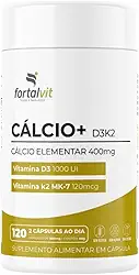CÁLCIO + D3 K2 MK7-120 Cápsulas, Longa duração: 2 Meses de Uso - Cálcio Elementar (400mg) Vitamina D3, Vitamina K2-MK7, Fortalvit