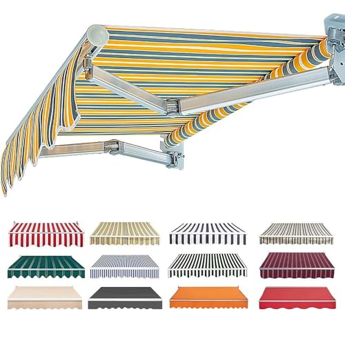 Toldo retráctil de tela de 3 x 2 m – Toldo impermeable a rayas amarillas enrollable manual para uso en exteriores