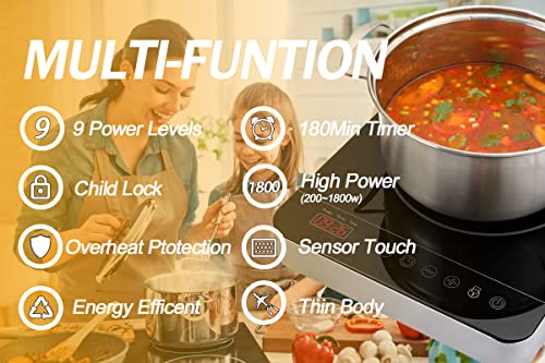Portable Single Induction Cooktop Hot Plate Countertop Burner Cooker 1 Burner, 1800W, 9 Power Levels, 10 Temp Levels, Timer, Auto-Shut-Off, Touch Panel, LED Display, Child Safety Lock, Black - Image 4