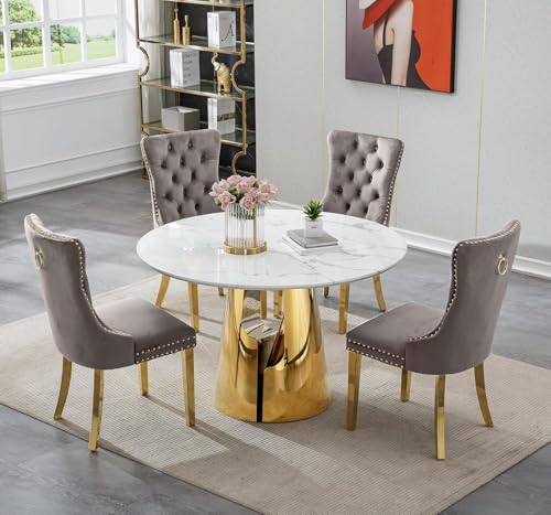 Image of 5-Piece Round Dining Table Set for 4, Modern Faux Marble Kitchen Table and Grey Velvet Chairs Set of 4, Luxury 45 inch Circle White Gold Dining Room Tables with Stainless Steel Base