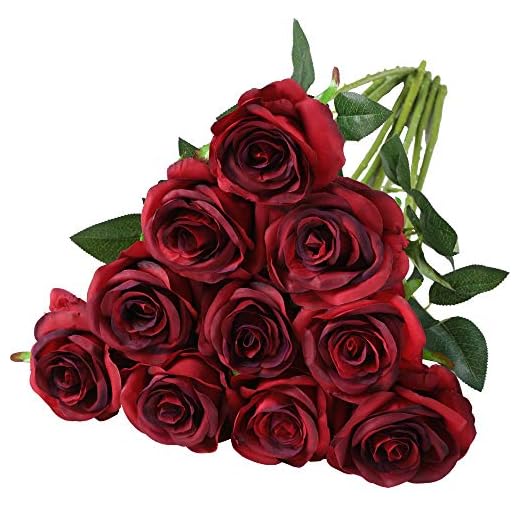Nubry Flor de Rosa de Seda Artificial de un Solo Tallo de Rosa Falsa para el Ramo de Bodas Arreglos Florales Decoración del Centro de Mesa para Fiestas en casa, 10pcs (Gradiente Rojo Oscuro)