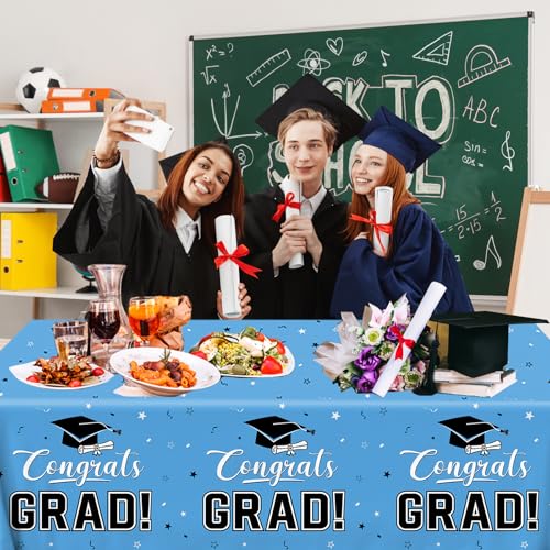 Image of 2026 Graduation Decorations,Congrats Grad Tablecloth 2pcs White Teal Class of 2026 Table Covers Rectangle for Graduation Party Supplies,108x54inch (Sky Blue)
