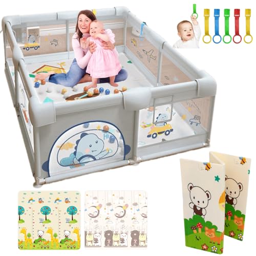 PARVULI Parque Infantil Bebe 150x180cm - Corralito Bebe con 6 agarraderas y Alfombra de Juegos Acolchada - Parque Bebes para Casa Plegable con Malla Transpirable y Vayas con Protecciones