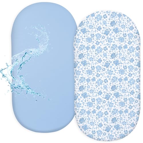 Image of FIOBEE Baby Bassinet Sheets for Girls Boys 2 Pack Waterproof Bassinet Mattress Elastic Fitted Crib Sheets Universal Fit for Hourglass Oval and Rectangle Bassinet Sheet, Blue