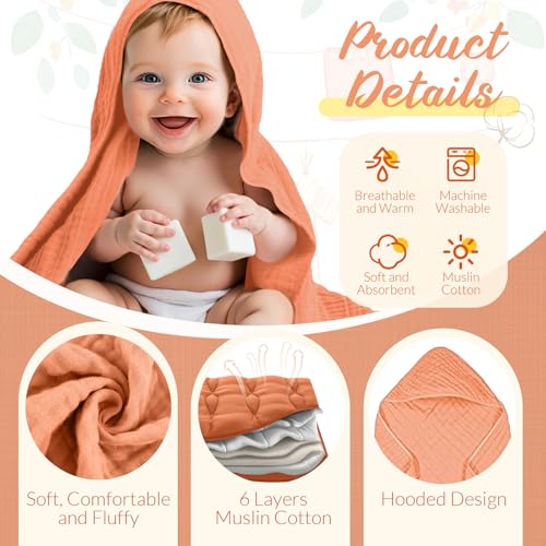 Image of VitalCozy 12 Pcs Baby Muslin Hooded Bath Towels and Washcloths, Muslin Hooded Baby Towels Absorbent Blankets for Gift Newborn Infant Shower (Vibrant Colors)