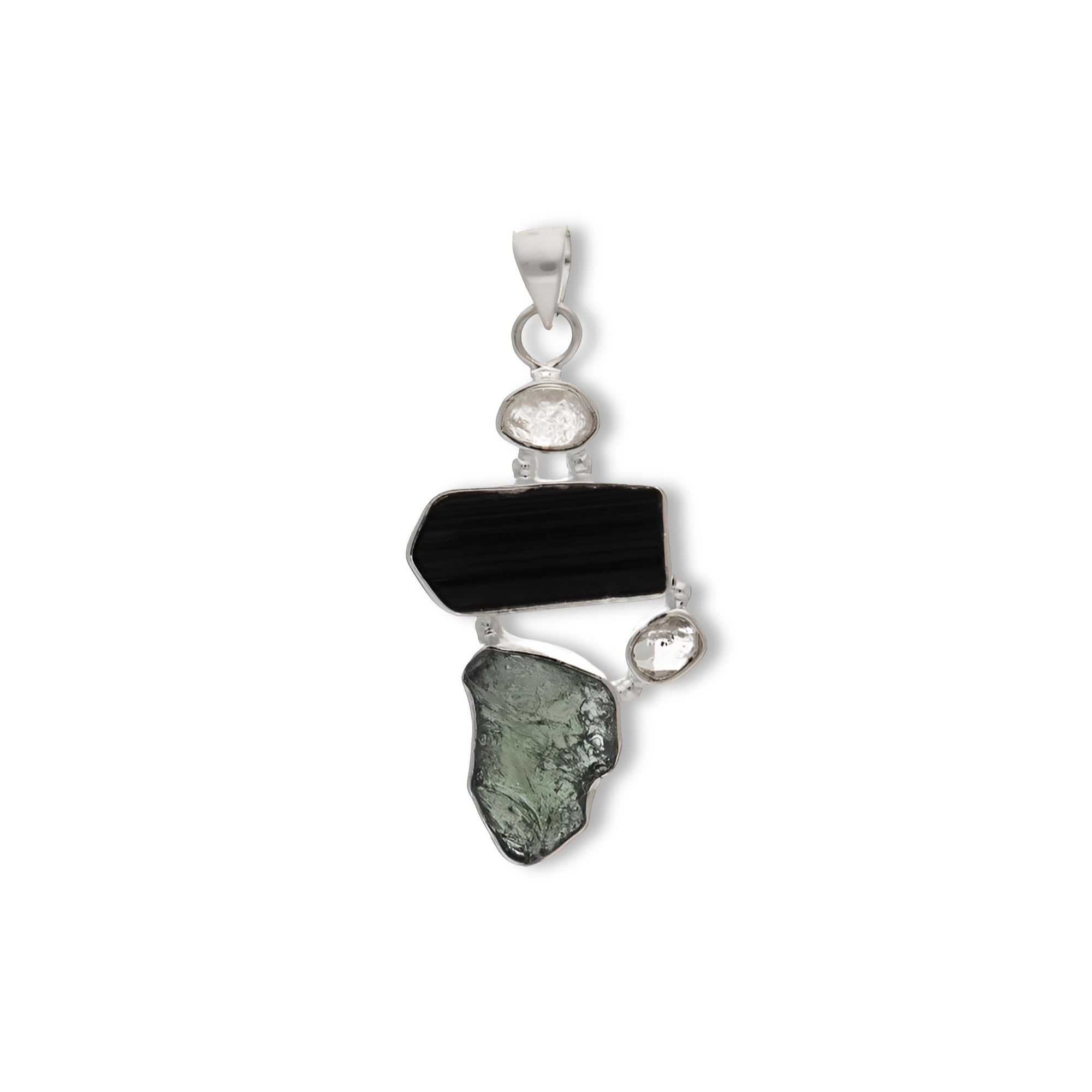 Genuine Moldavite Pendant With Black Tourmaline & Herkimer Diamond, 925 Sterling Silver Handmade Healing Crystal Jewelry, Raw Natural Stones,