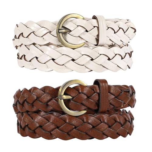 Image of JASGOOD 2 Pack Women's Braided Leather Belts Casual Skinny Woven Belt for Jean Pant, Brown+White, Fit Pant upto 39"