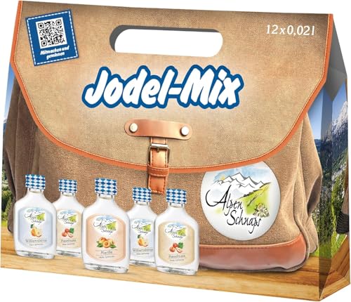 Alpenschnaps Steinbeisser Jodel-Mix Tasche (12 x 0,02 L) – Geschenkset mit 3 Sorten Obstschnaps – Williamsbirne-, Marille- & Haselnuss Schnaps – in unverkennbarer Tasche aus Karton, 33 & 35 % Vol.