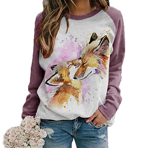 Fox Shirt for Women, Watercolor Fox Mother Kisses Baby Fox Print Casual Thin Sweatshirt-S