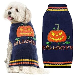 ABRRLO Halloween Dog Jumpers Pumpkin Sweater Dog Halloween Costumes Puppy Cat Turtleneck Knitwear Winter Warm Pet Clothes Funny Holiday Party Outfit Apparel for Small Midum Large Dogs(Blue,L)