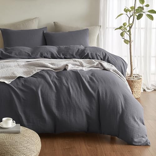SE SOFTEXLY Muslin Duvet Cover California King Size, 100% Washed Cotton Duvet Cover Set, Ultra Soft Comforter Cover Linen Like, 3 Pieces Gauze Duvet Cover with 2 Pillowcases, 98"x104", Dark Grey