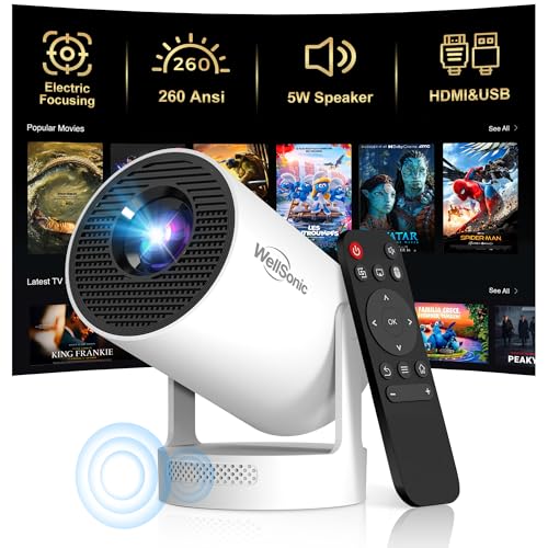 Image of 【Electric Focus】WellSonic Mini Projector with Wifi and Bluetooth, 260Ansi Portable Projector with 5W Speaker, Auto Vertical Keystone&180°Rotatable, 35-130" Screen Proyector for Outdoor Bedroom
