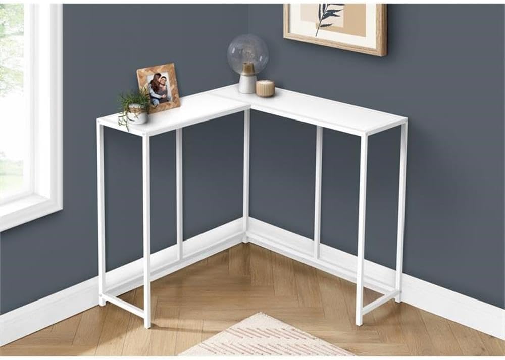 Modern L-Shaped White Laminate & Metal Corner Console Table