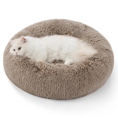 BEDSURE Katzenbett waschbar Flauschiges Katzenbett - Ø 50 cm Katzenschlafplatz für Katzen, plüsch Katzenkissen rund Kuschelbett, Kamel