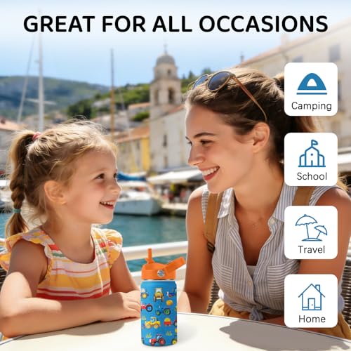 Image of Tractor Water Bottle for Son & Daughter, Stainless Steel Insulated Tumbler with Straw Lid and Handle, 12oz Reusable Leak-Proof Bottle for Sports
