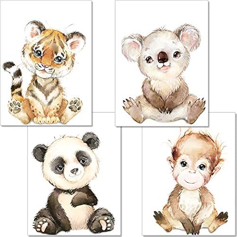artpin® Set of 4 Posters Baby Room Decoration Boy Girl DIN A4 Pictures Children's Room Baby Jungle Animals Safari Africa Wall Pictures Monkey Tiger Koala Panda P66 Cover
