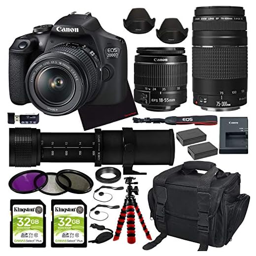 Canon EOS 2000D (Rebel T7) DSLR Camera with 18-55mm Lens, Canon 75-300mm Lens + 420-800mm Zoom Telephoto MF Lens with Premium Accessory Bundle