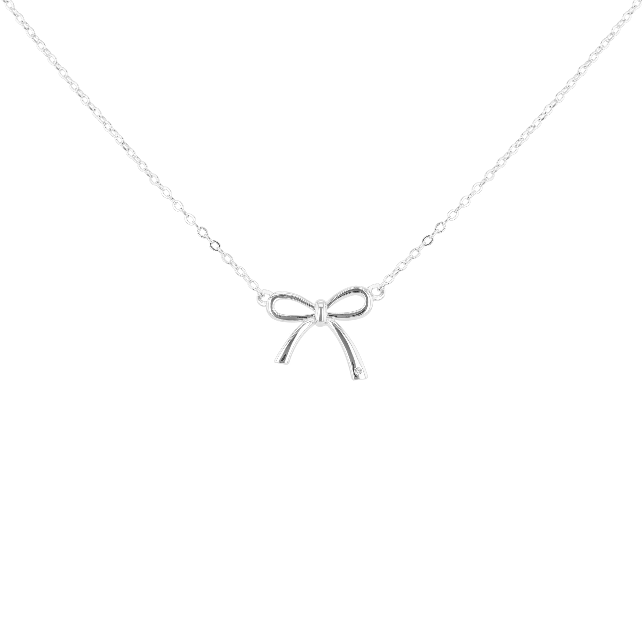 Tuscany Silver Women's Silver Women's Silver 13mm X 11.5mm Bow with 0.5mm Round White Diamond Adjustable Necklace 41cm/16"-46cm/18"