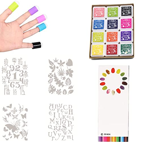 2022 Neu Diy Schwamm Finger Malerei Set ,10pcs Finger Schwamm Daubers,20 Farben Stempelkissen Set ,8pcs Bild Stempel, Ungiftig Abwaschbar Fingerzeichnungs Graffiti Werkzeug (A) Cover