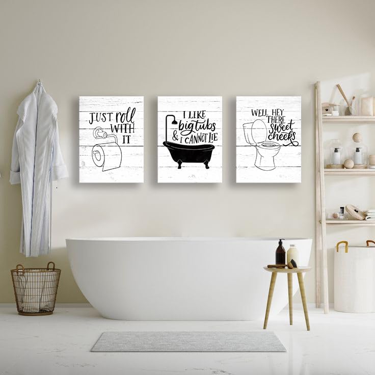 3 Pieces Bathroom Canvas Wall Art Retro Wood Style Funny Bathroom Quotes Black and White Toilet Bathtub Bath Set Poster Print for Restroom Farmhouse Bath Bathroom Decor