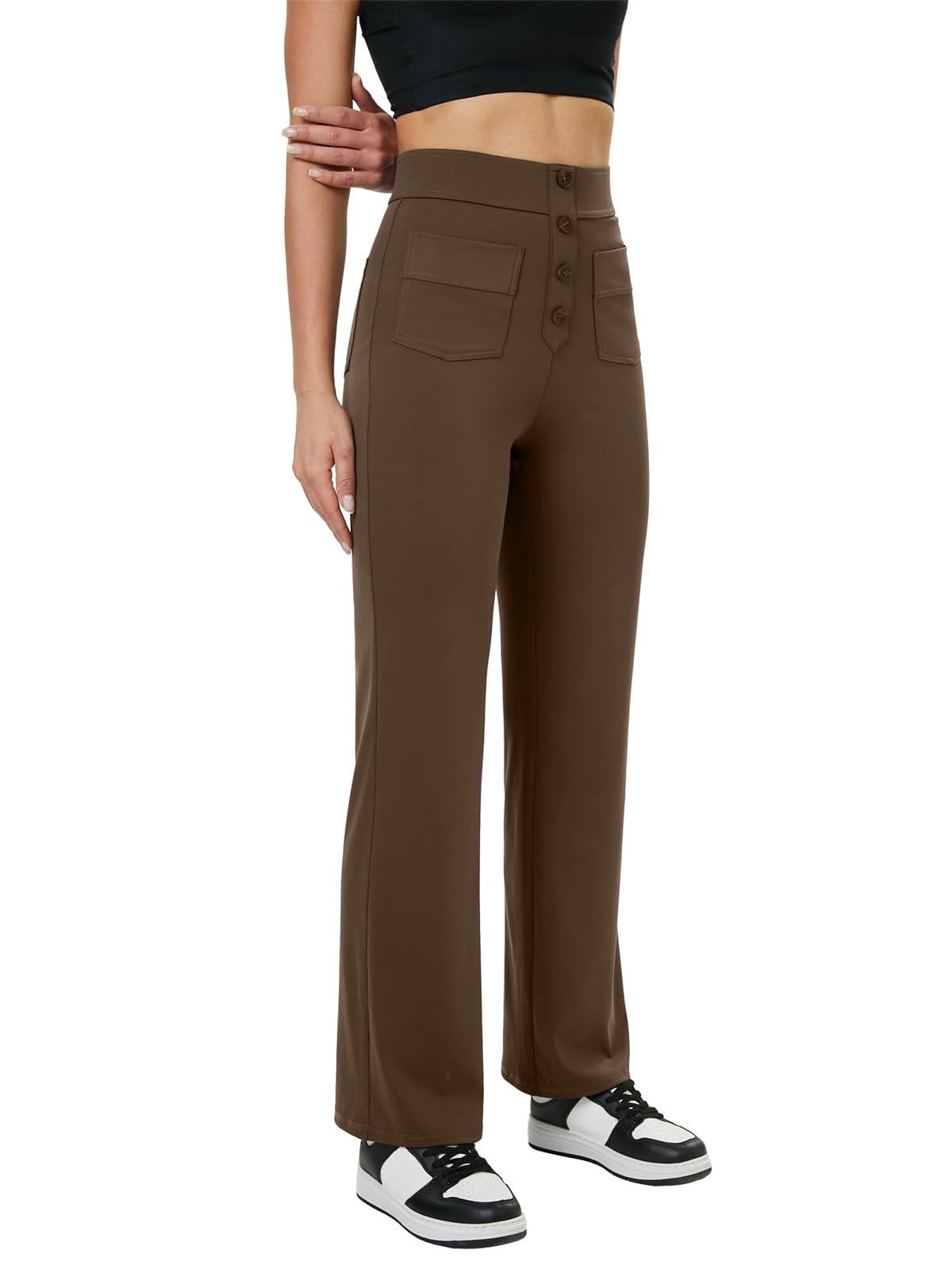 keriffe Women's Straight Leg Pants High Waisted Button Stretchy Business Work Dress Casual Trousers Multiple Pockets