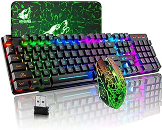 Wieless Gaming Keyboard and Mouse Combo Rainbow Backlight Quiet Ergonomic Mechanical Feeling Anti-ghosting Keyboard Mouse with Rechargeable 4000mAh Battery Mouse Pad for Computer Mac Gamer