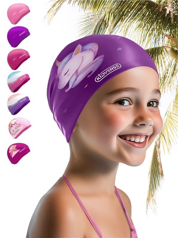 KIDVERSE Waterproof Kids Swimming Cap for Girls Swim Hat with Anti-Slip Grips - Comfortable Silicone Swim Cap Girls - Childrens Swimming Hat Kids with UV Protection