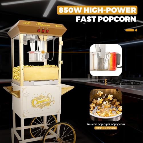 Image of 16Oz Commercial Popcorn Machine With Cart and 16 Oz Kettle, Movie Theater Popcorn Machine, Silver Golden Pop Corn Machine with 3-Switch Control & Steel Frame Tempered Glass Doors