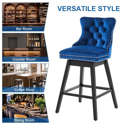 Image of Blue Swivel Bar Stools, Velvet Counter Height Bar Stools Set of 3 | 360 Swivel Bar Chairs, Solid Wood Legs, Upholstered Kitchen Island Stools, Modern Extra Wide Seat (Blue, 30 inch H, 3 Pack)