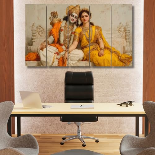 Image of Nozvera Radha Krishna Wall Painting for Living Room Big Size 48 x 24 Inch | 5 Panel Premium MDF Wall Art | UV Printed Sparkle Laminated Waterproof Wall Decor | Religious Home Decoration Items