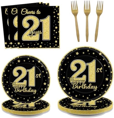 200 Pcs 21st Birthday Party Supplies Black Gold Paper Plates Chee...