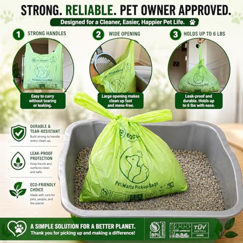 Image of 100% Compostable XL Pet Waste Bag (120 ct.) Plant-Based Cat Litter Bags Cornstarch-Based Doggy Poop Bags with Handles Compost Liners US BPI ASTM D6400 & OK Compost Home Certified (120 ct)
