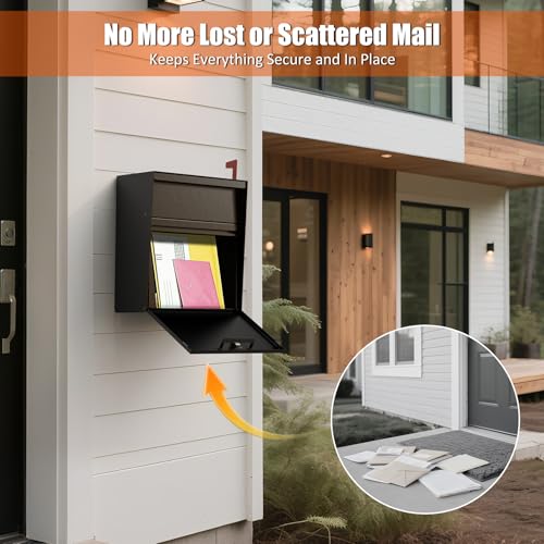 Image of Wall Mounted Locking Mailbox with Outgoing Mail Slot, Secure Drop Box for Home or Office, Weatherproof Steel Mail Box with Key Lock and Red Flag - Black
