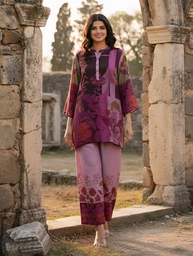 Image of Asmeriyo Women Printed Co Ord Set with Side Pocket | Women 2 Pic Kurta Set I Fancy Kurta Set | Stylish Kurti Outfit | Co-Ordination Wear | Festive and Casual wear (C-209-A-B-19-02)