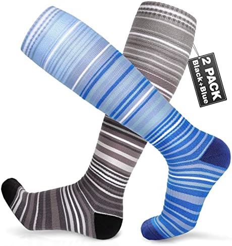 Ski Socks for Men Women, 2 Pair Warm Snowboard Socks Winter Skiing Socks Knee High Over Calf Snow Socks (Size L(7-10.5), Black + Blue)