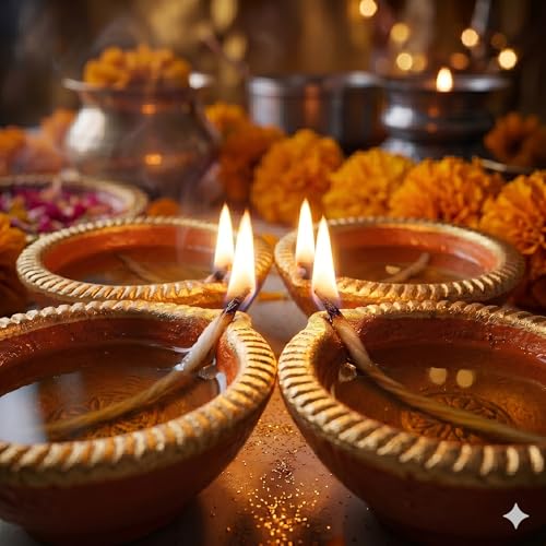 Image of Pure Source India Traditional Handmade Earthen Clay Big Size Diya for Laxmi Poojan, 4 Pieces | Elegant Blue Color (4 Pieces) - Premium Terracotta Akhand Jyot for Diwali, Puja & Festive Decor (Orange)