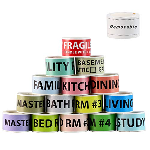 Yoget Home Moving Labels - 14 Rolls Color Coding Labels for Packing Box + 1 Roll Fragile Stickers + 1 Roll Removable Blank Furniture Labels - House Moving Supplies