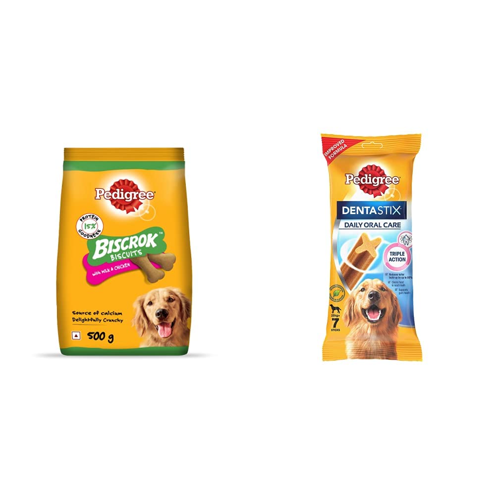 Pedigree Biscrok Biscuits Dog Treats (Above 4 Months), Milk and Chicken Flavor, 500G Pack & Dentastix Large Breed (25 Kg+) Oral Care Dog Treat (Chew Sticks) (7 Sticks) 270G Weekly Pac
