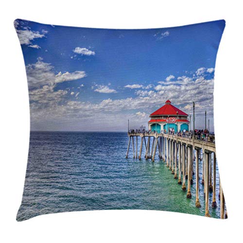 DJNGN Huntington Beach Square Pillow, Shot of Pier by The Beach on Sunny Day Cloudscape Waves Oceanic, Funda de cojín Decorativa para la Temporada, Multicolor 45x45cm