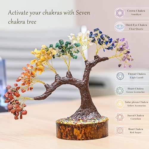 Image of Seven Chakra Crystal Tree for Positive Energy and Home Decor - Handmade Feng Shui Bonsai Tree with Natural Gemstones on Wooden Base - Healing and Meditation
