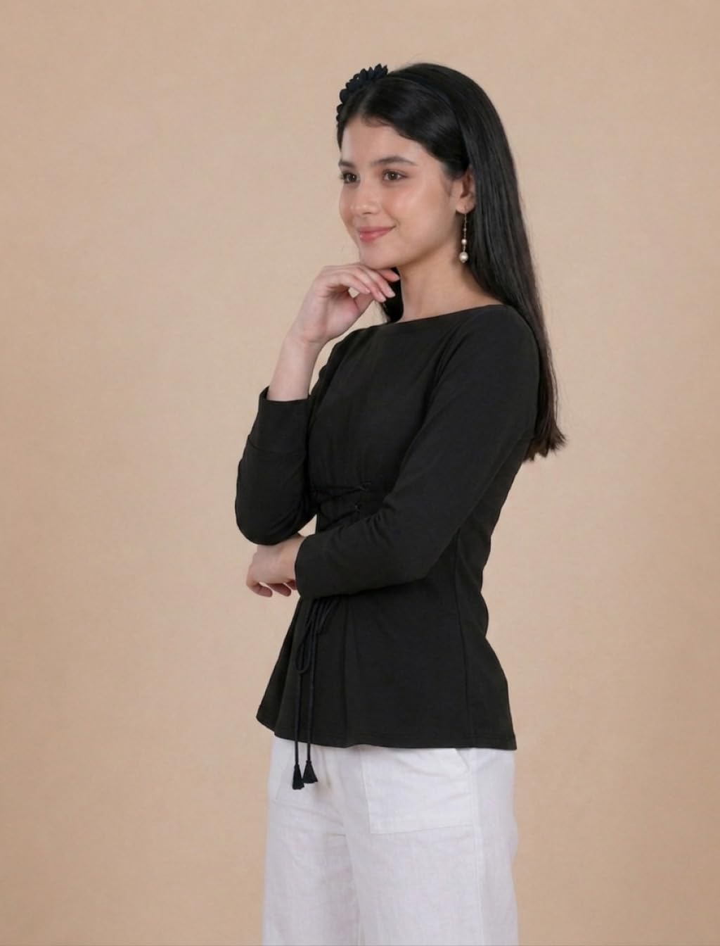 FELLAMO FM-Girls Front DORI TIE UP Boat Neck TOP-191 Black 12-13Y 2