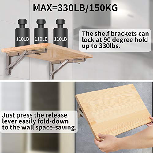 Image of YUMORE Folding Shelf Brackets 16 inch, Max Load: 330lb Heavy Duty Stainless Steel Collapsible Shelf Bracket for Table Work Bench, Space Saving DIY Bracket, Pack of 2
