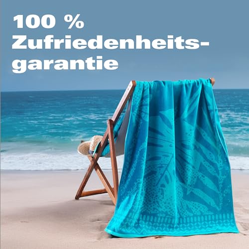 BaSaTex - Strandtuch Baumwolle in 90x180 cm - Strandlaken Badetuch aus Frottee Velours mit Aufhängeschlaufe - Saunatuch Öko-Tex Standard 100 Zertifiziert - Modell Blaue Blätter Design
