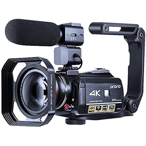ORDRO Video Camera 4K Camcorder WiFi Ultra HD Vlog Camera for YouTube, IR Night Vision Video Recorder with Microphone, Wide Lens, Lens Hood, 2 Batteries Cover