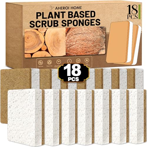 Aheroi Natural Dish Sponge, 18 Count FSC Certified Plant-Based Biodegradable Kitchen Sponges for...
