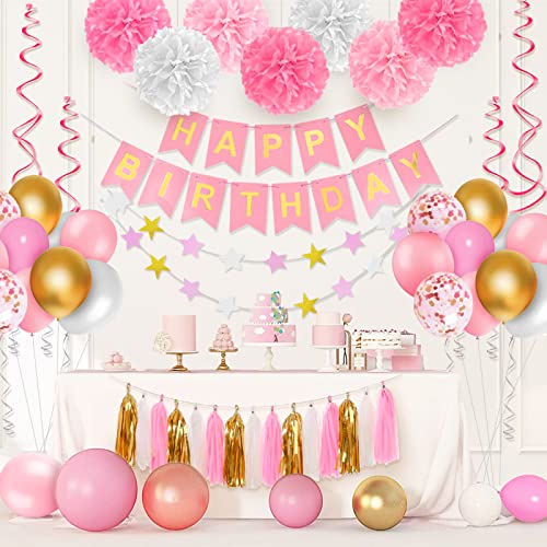 Rosa Geburtstag Dekoration,62pcs Rosa GeburtstagsDeko Mädchen Set-Luftballons Rosa Happy Birthday Girlande Rosa Papier Girlande ect GeburtstagsDeko Pink für 1 13 18 21st Birthday Girl Decoration Cover