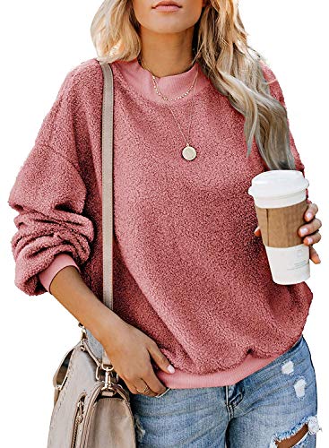 ReachMe Womens Long Sleeve Oversized Fuzzy Sweater Casual Crewneck Fleece Pullover Tops Outerwear(Nude Pink,M)