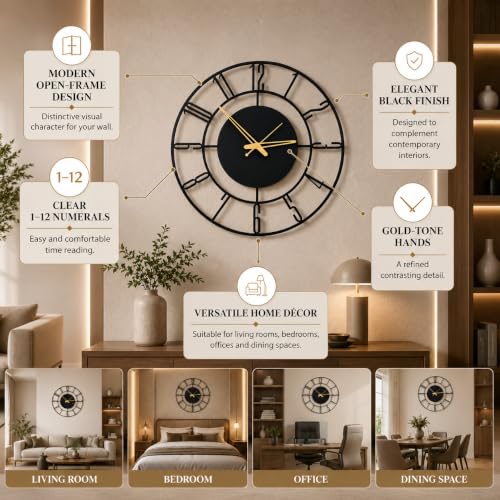 Image of 40 cm Metal Wall Clock, Black, Silent Non-Ticking | Silent Non-Ticking, Skeleton Design, Modern Iron Analog, Design-2