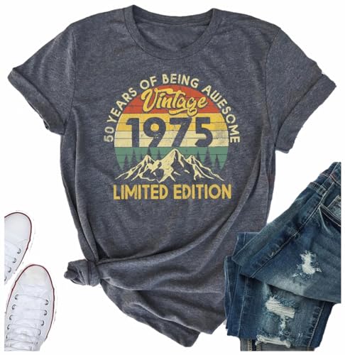 50th Birthday Gift for Women Vintage 1975 Shirt Letter Print Original Parts Tops Short Sleeve Casual Party Tee2